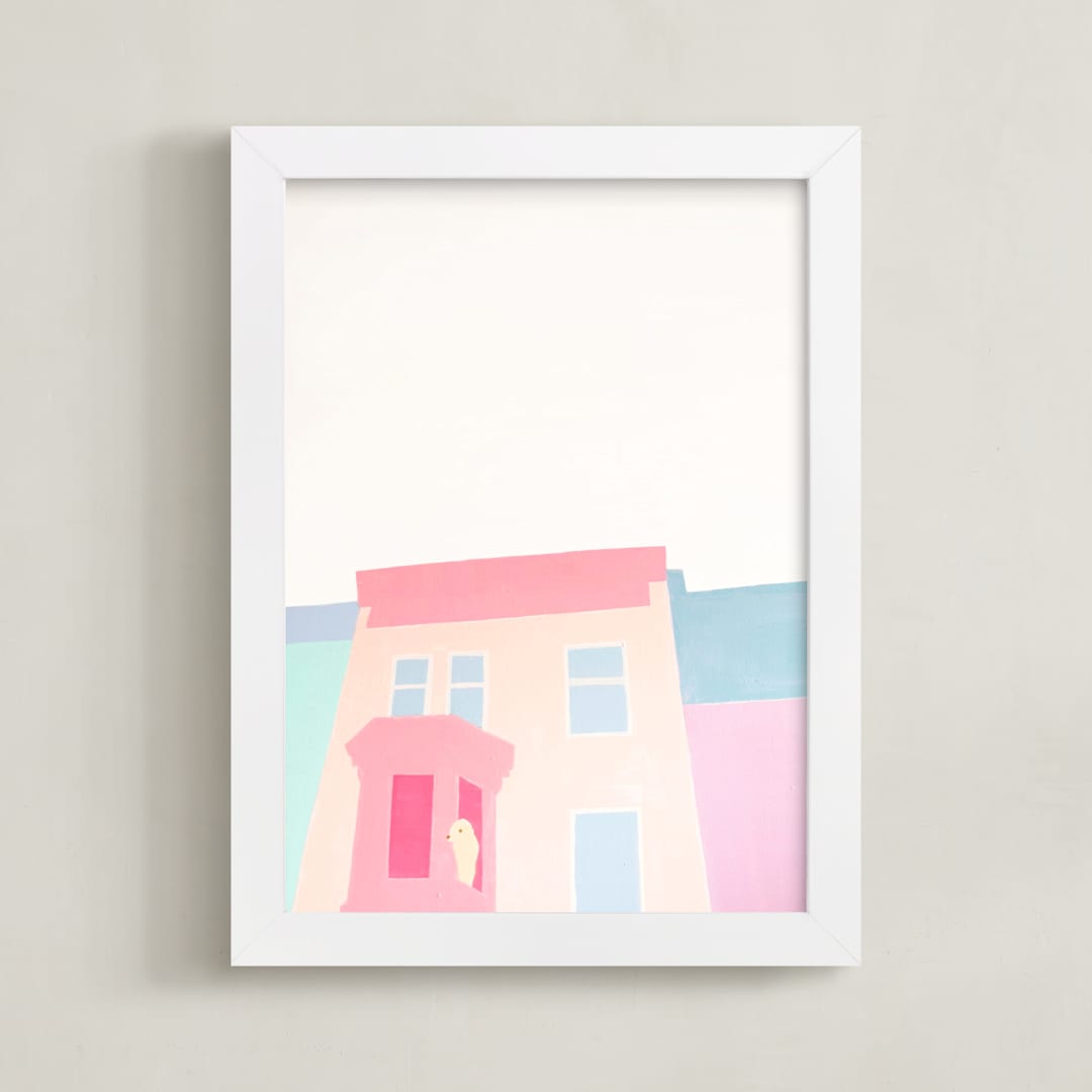 "English Sheepdog in Quebec City" - Art Print in Sweet Pink by jinseikou - Framed