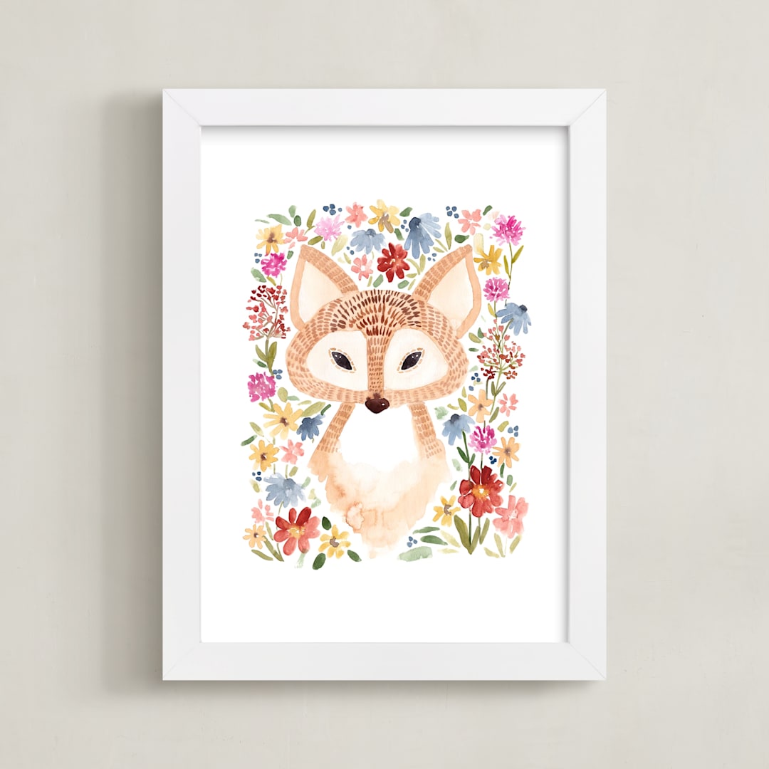 "Sweet Floral Fox" - Art Print in Latte by Sara Berrenson - Framed