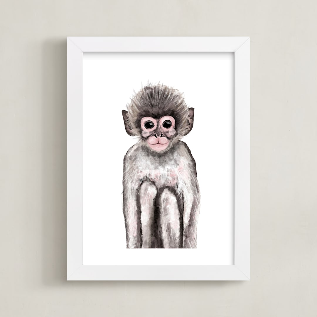 "Baby Animal Monkey" - Art Print in wood smoke by Cass Loh - Framed