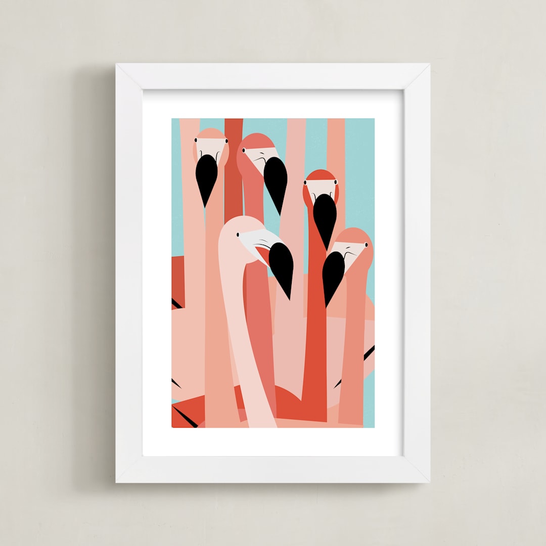 "The Flamingos Are Staring" - Art Print in Coral Pink by Marie Hermansson - Framed