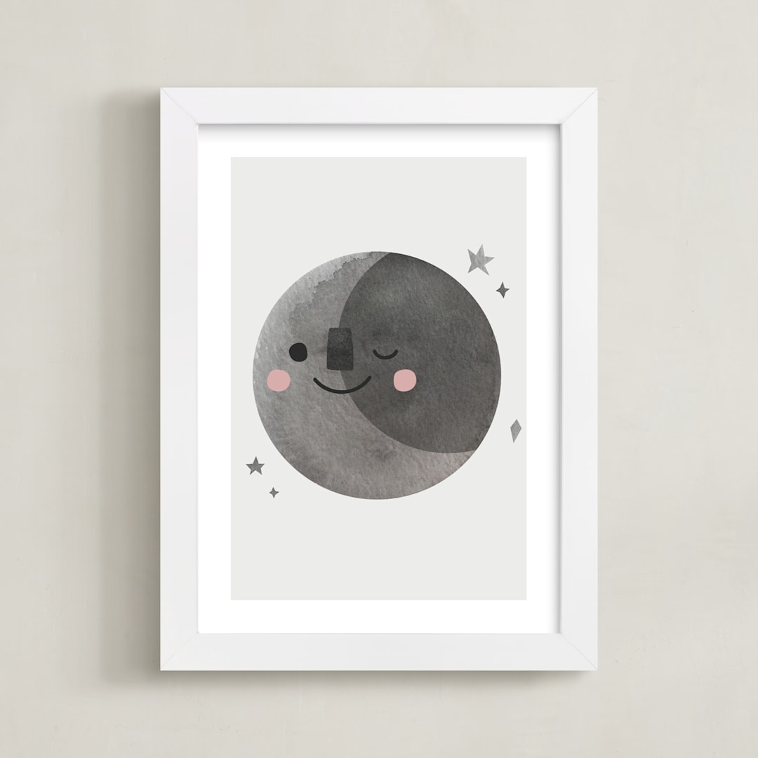 "A Happy Moon" - Art Print in Grey by Mollie Bohannon - Framed