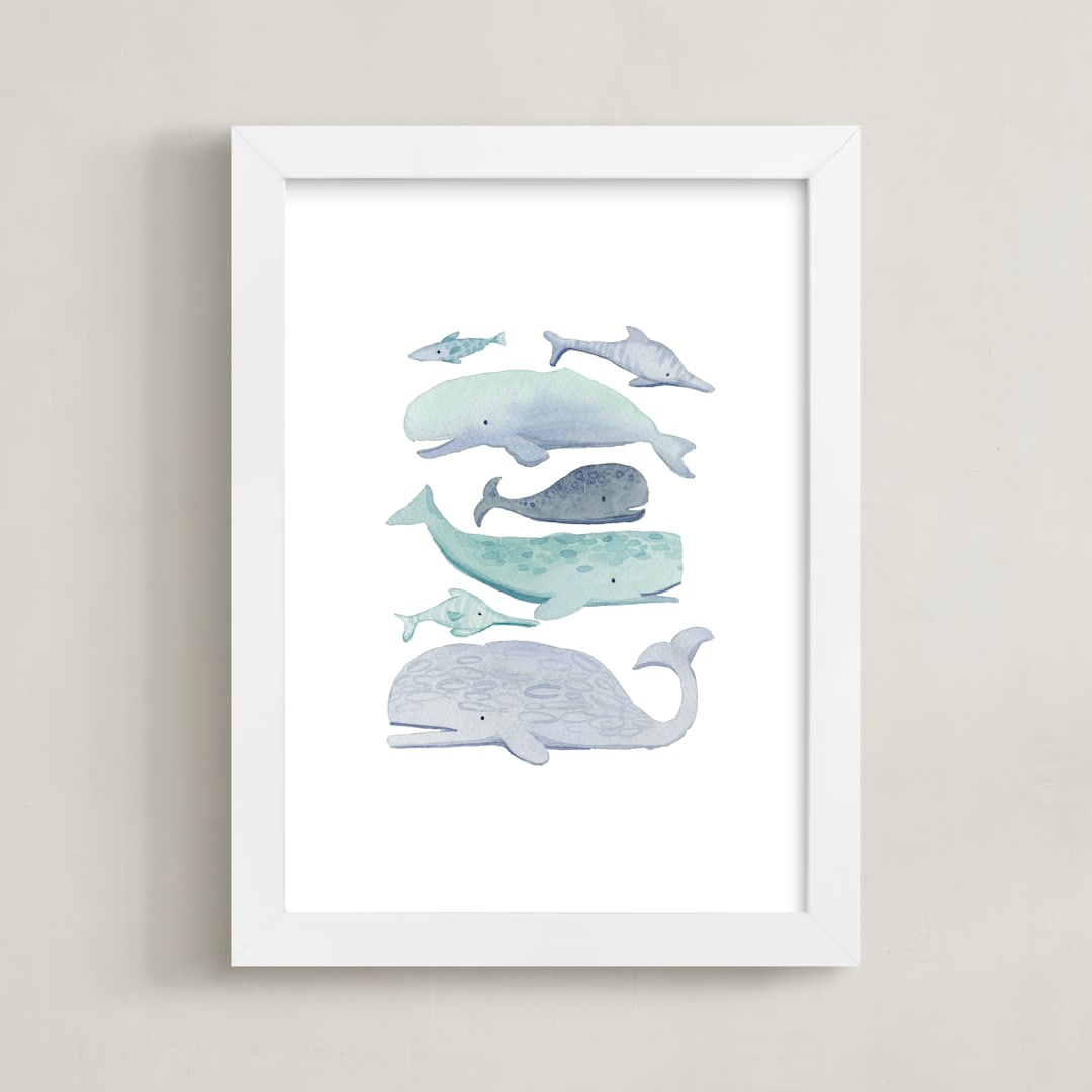 "Blue Whales" - Art Print in Aqua by Kelsey Carlson - Framed