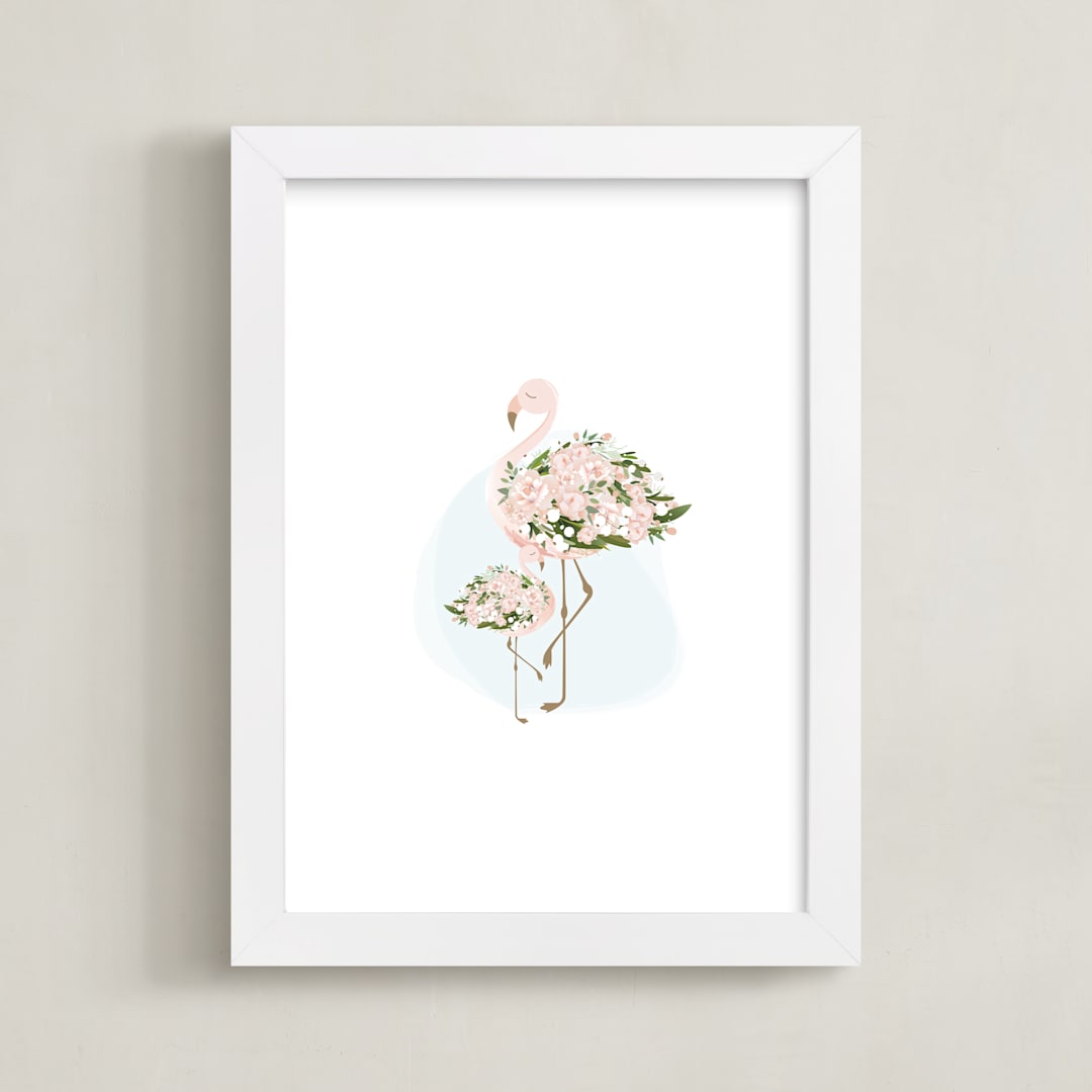 "Little Flower Flamingo" - Art Print in White by Jennifer Postorino - Framed