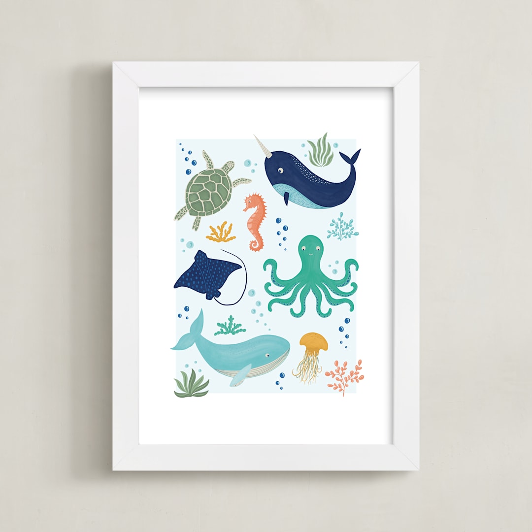 "Sea Friends" - Art Print in Sea Blue by Beth Schneider - Framed