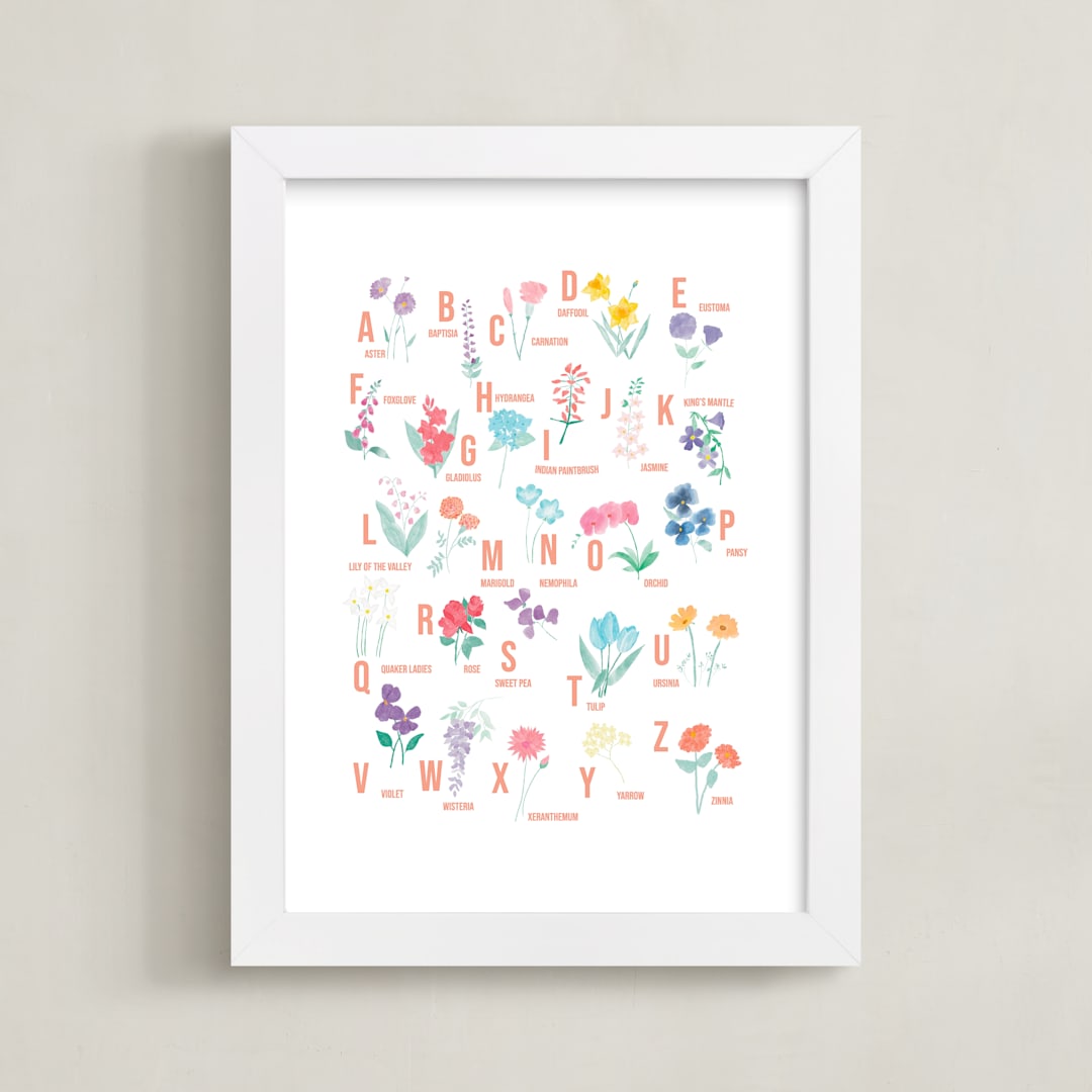 "Flower Alphabet" - Art Print in Peach by Jessica Kelemen - Framed