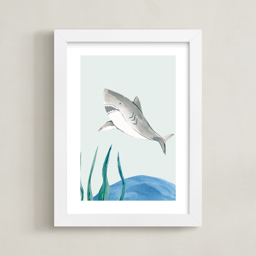 "Ocean Friends II" - Art Print in Shark by Teju Reval - Framed