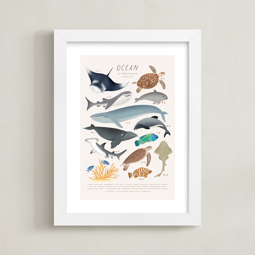 "Ocean animals endangered" - Art Print in Ivory by Sabrin Deirani - Framed