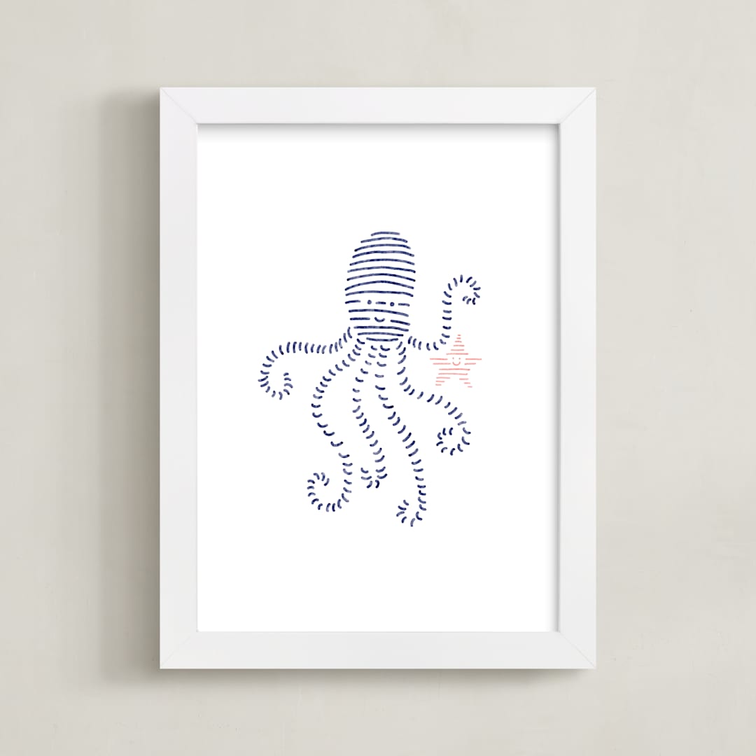 "Lined Animals I" - Art Print in OCEAN BLUE by Jayne Alfieri - Framed