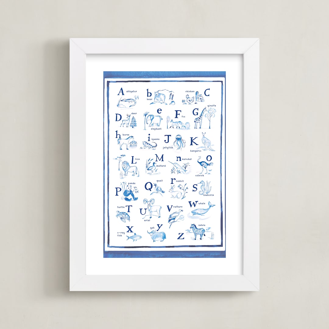 "Animal Alphabet Toile" - Art Print in Ocean Blue by Teju Reval - Framed
