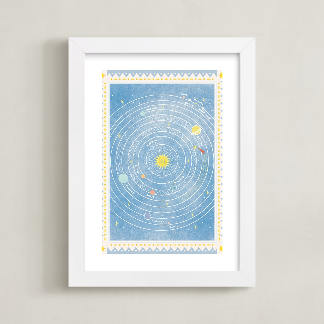 "Vintage Solar Journey" - Art Print in Blue by Sabrin Deirani - Framed