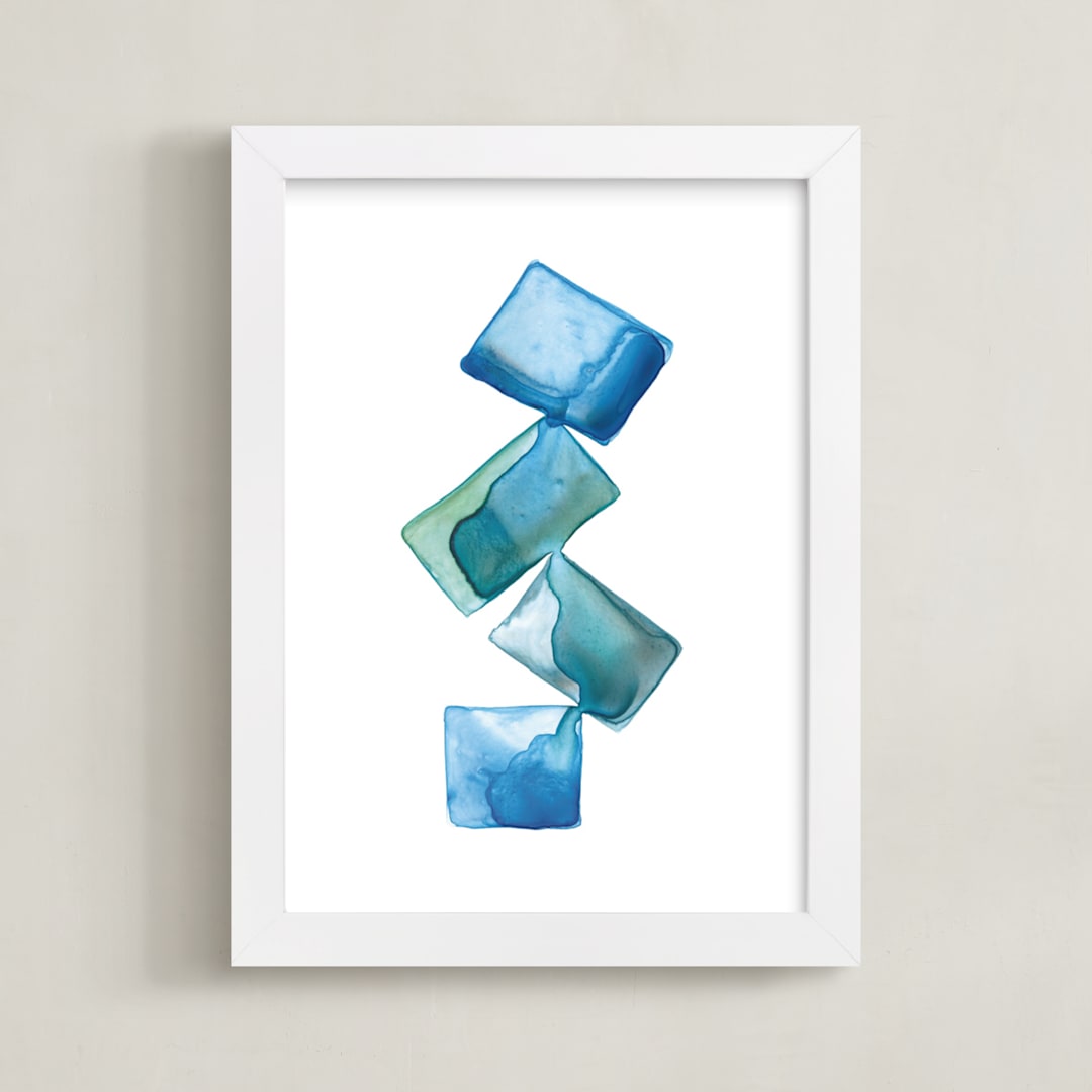 "Stacked Blue" - Art Print in Ocean Blue by Jennifer Morehead - Framed