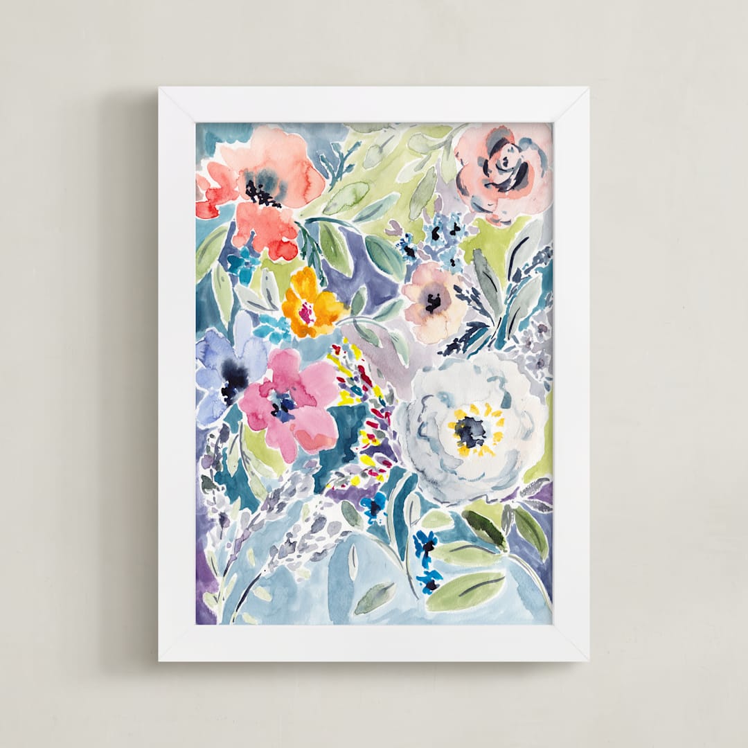 "Watercolor Flowers 3" - Art Print in Light blues by Susanna Nousiainen - Framed