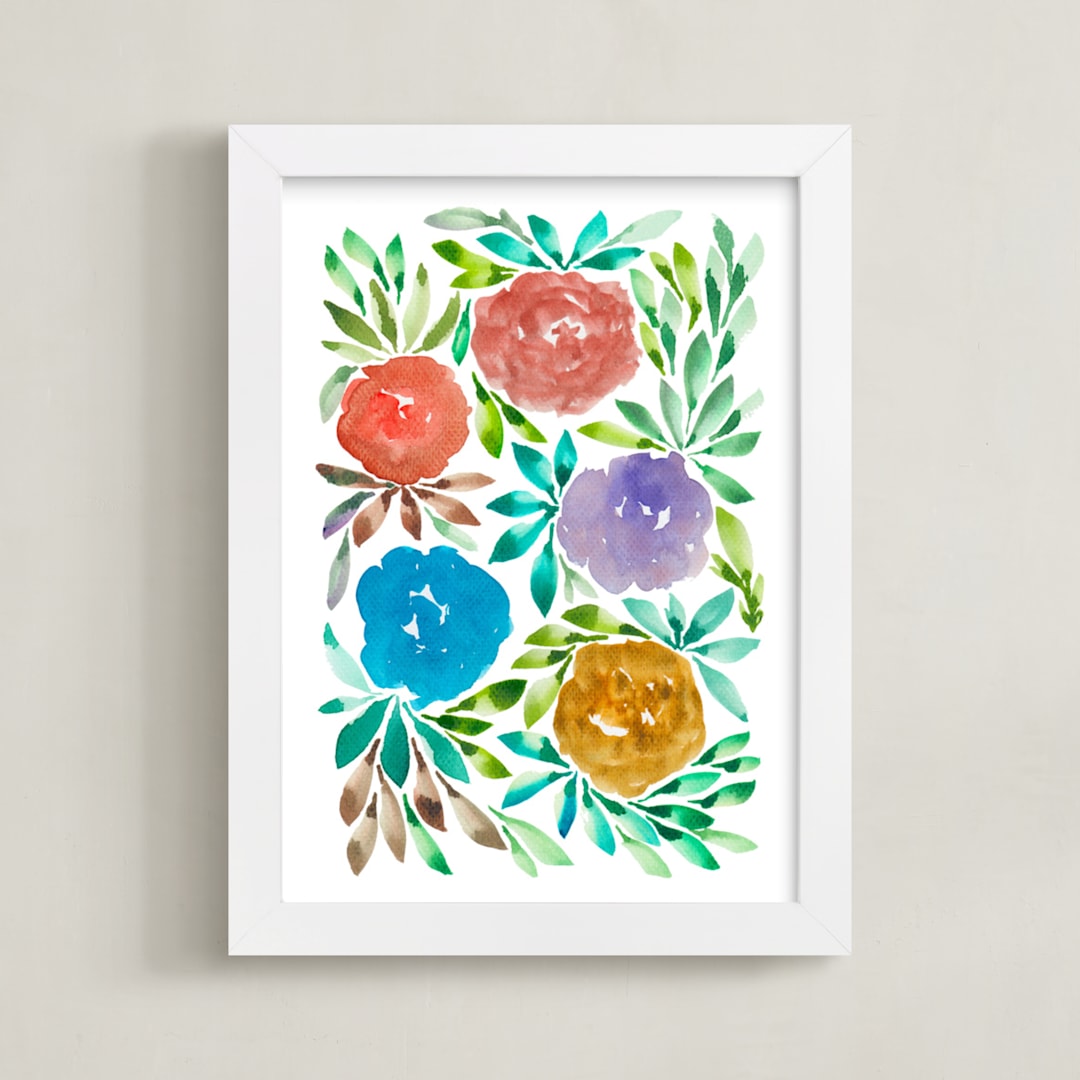 "hand painted flowers_1I" - Art Print in blue by Ramoncita - Framed