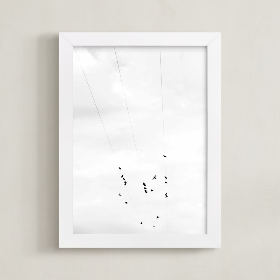 "Birds on a wire II" - Art Print in black & white by Angela Thompson - Framed
