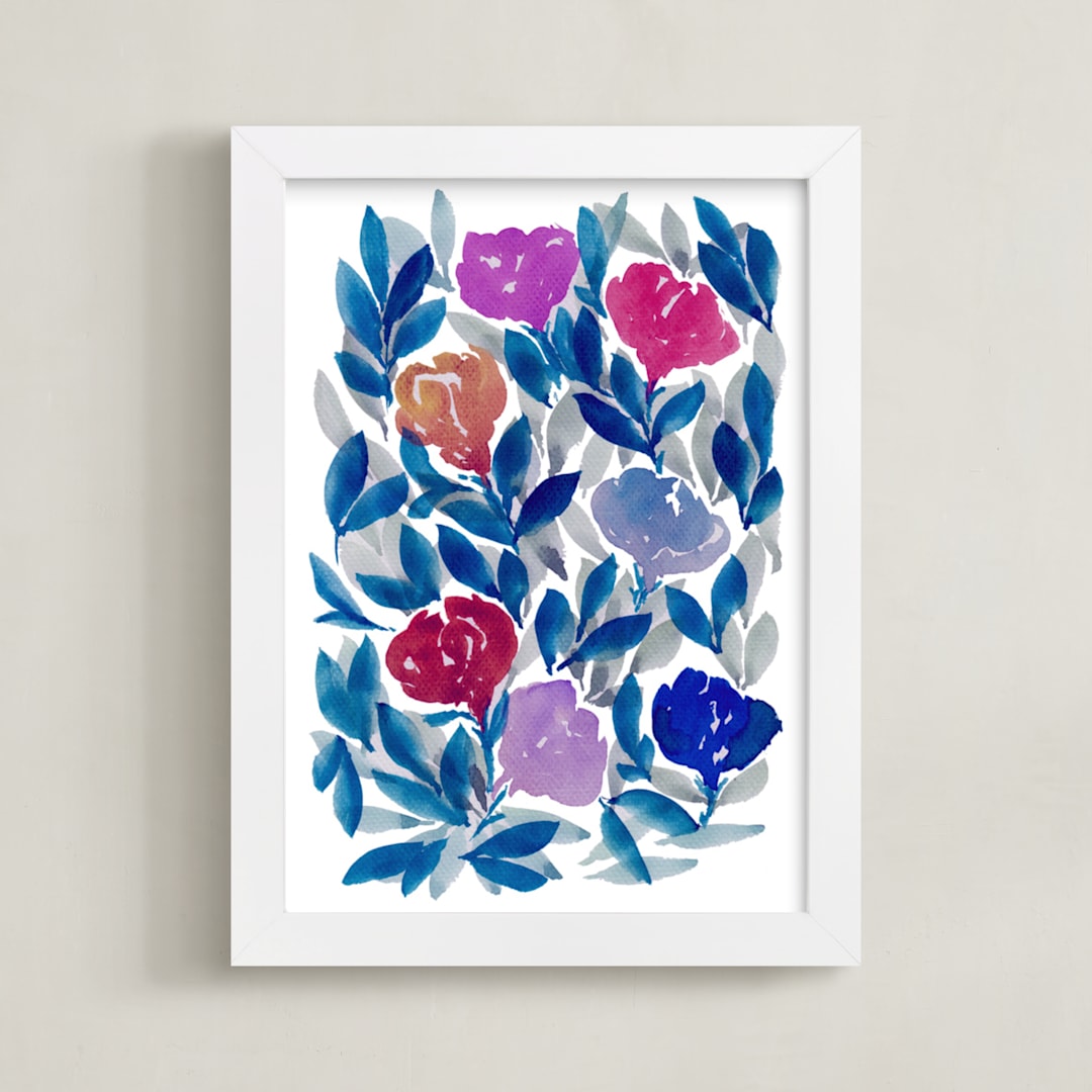 "hand painted flowers_2F" - Art Print in navy blue by Ramoncita - Framed