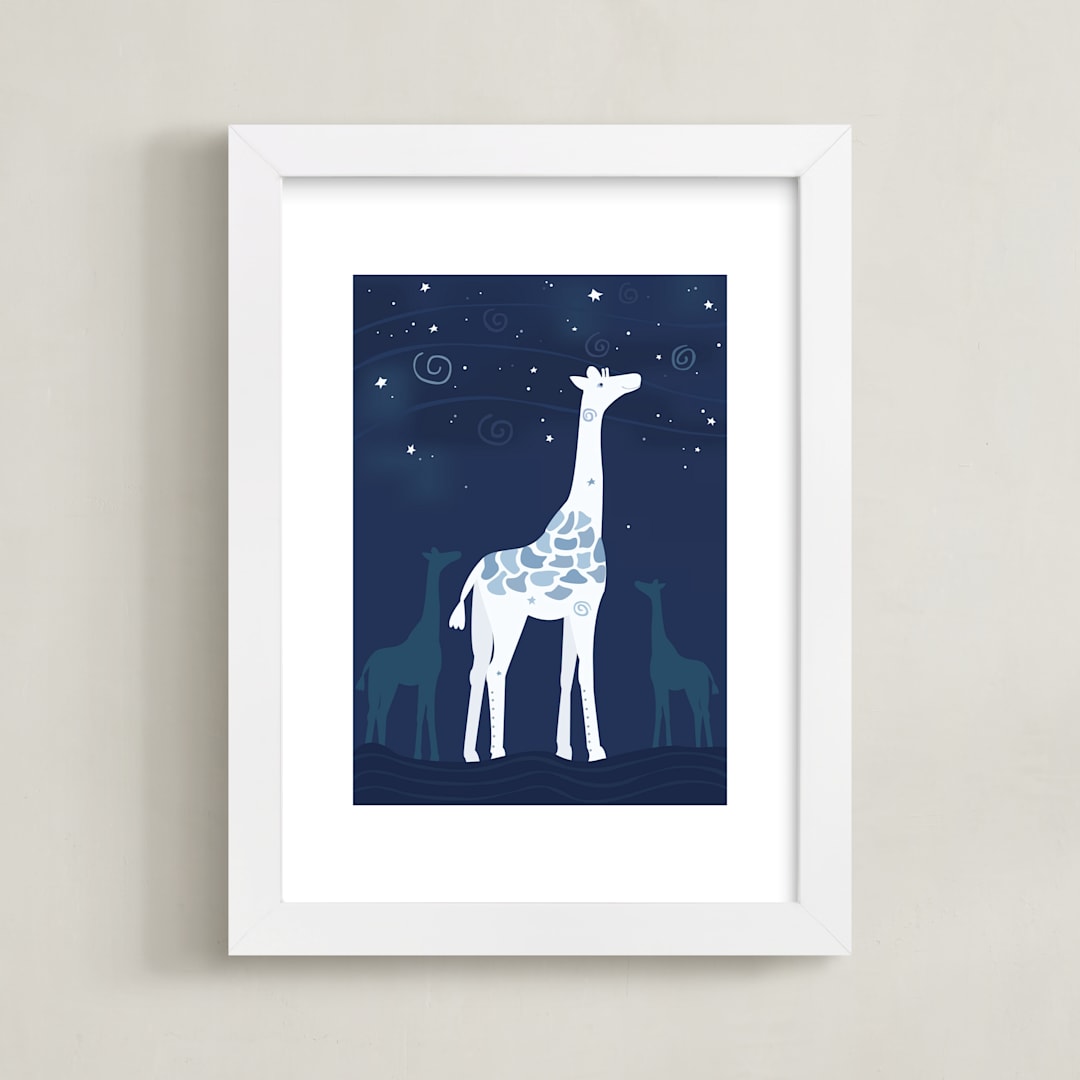 "Look at the Stars 1 Giraffe" - Art Print in Midnight by Jennifer Holbrook - Framed