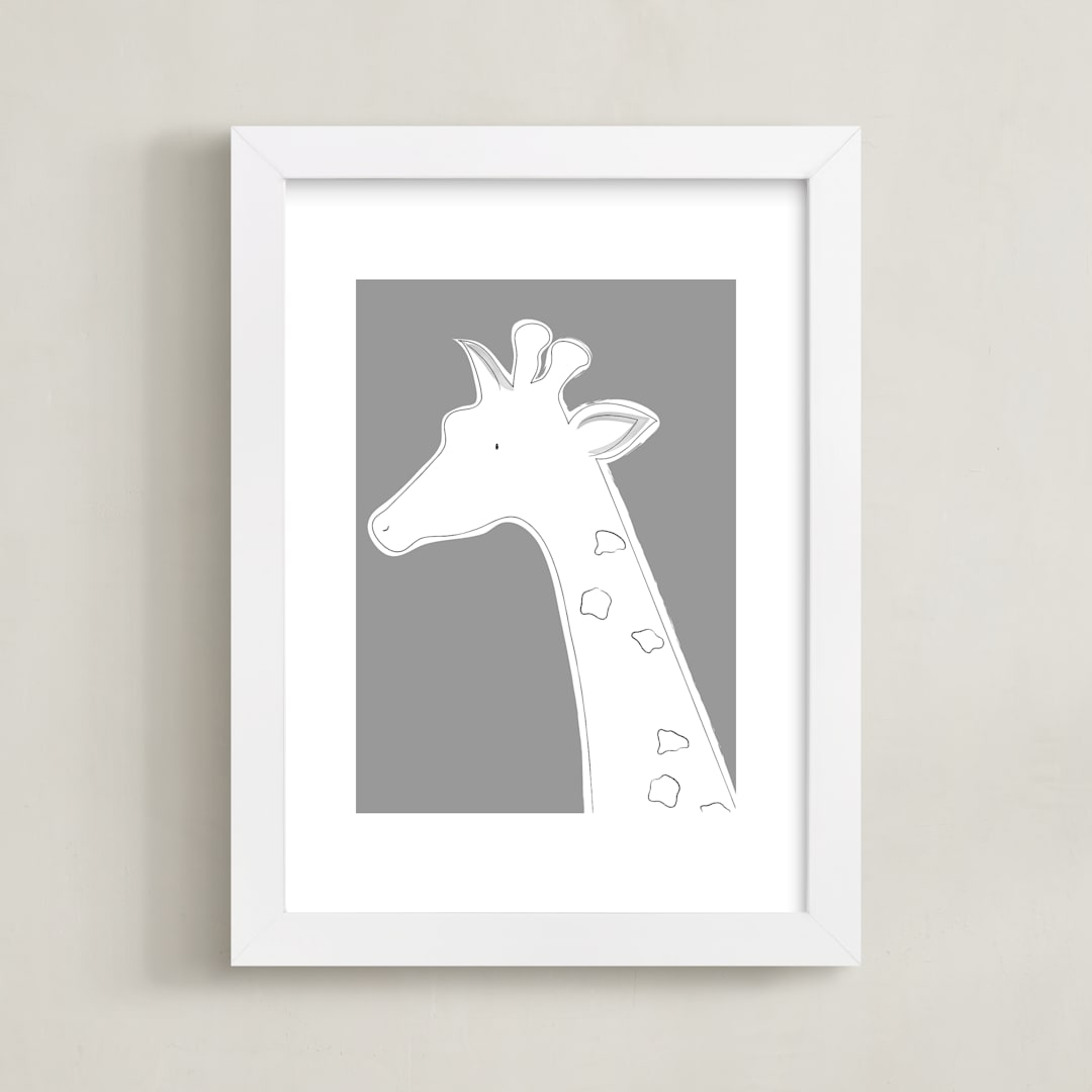 "The Quiet Giraffe" - Art Print in Quietly Grey by Rebecca Marchese - Framed