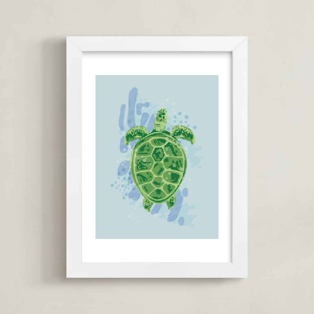 "Swimming Sea Turtle" - Art Print in Surf by Lauren Hughes - Framed
