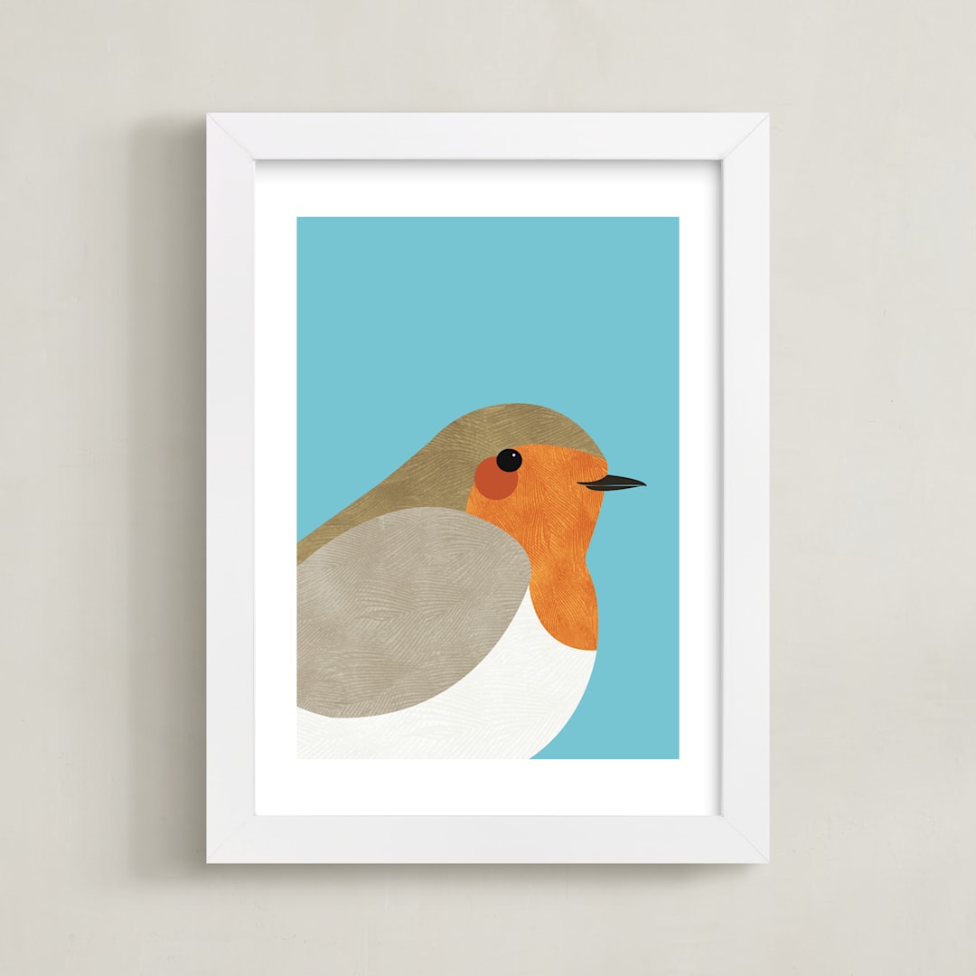 "Little Winter Robin" - Art Print in Teal by Catherine Culvenor - Framed