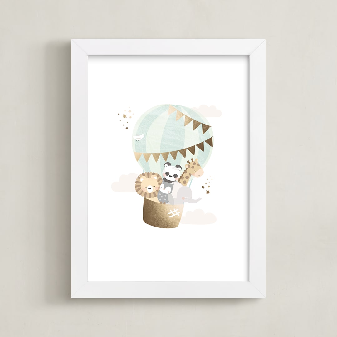 "baby animals balloon ride" - Art Print in seafoam by peetie design - Framed