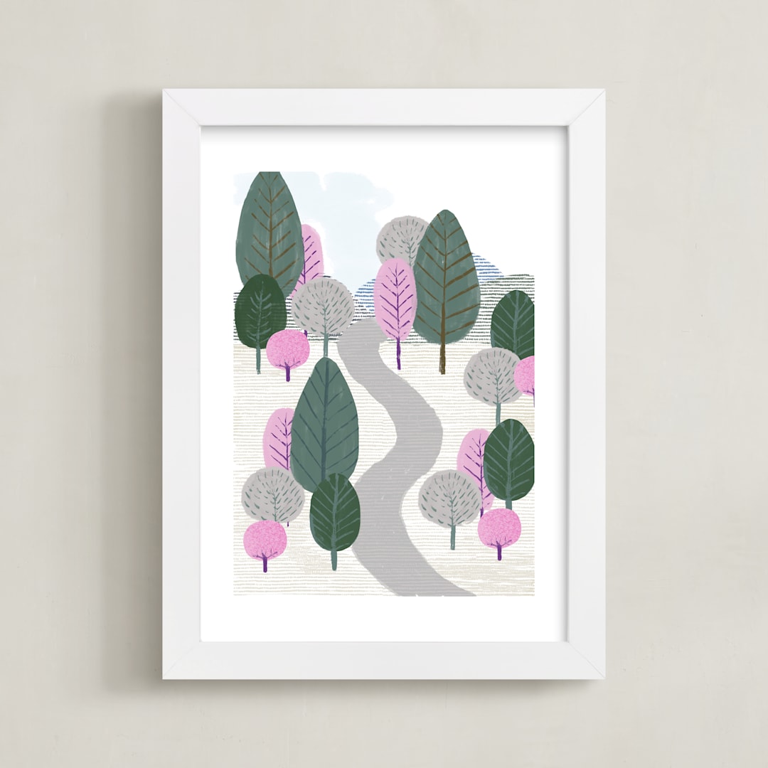 "Little walk in the forest" - Art Print in Light green and grey by Marta Crea - Framed