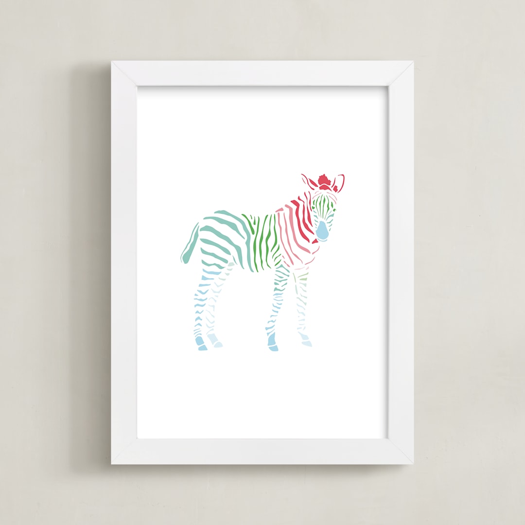 "Rainbow Zebra" - Art Print in Strawberry Pink by Meredith Collie - Framed
