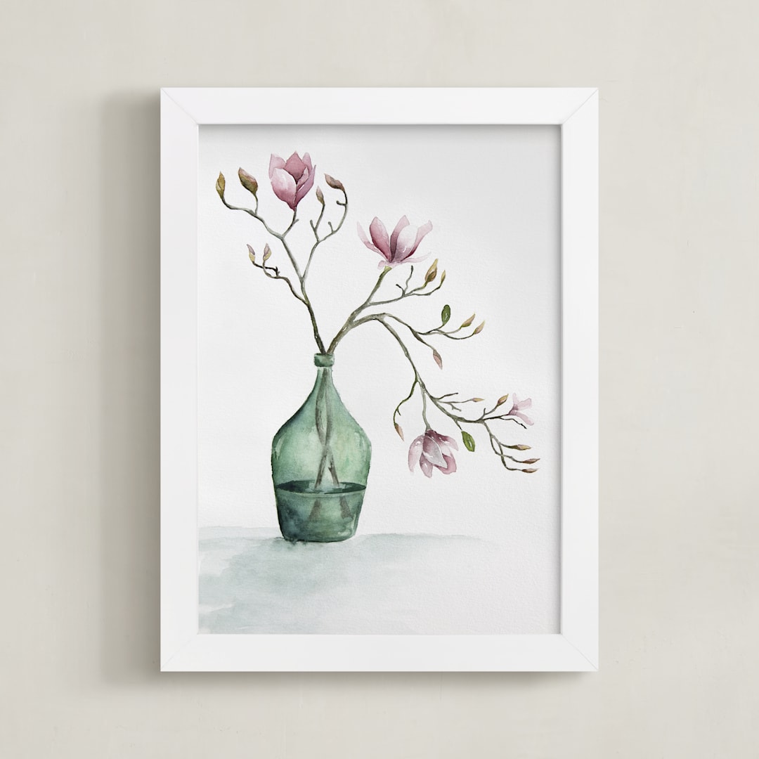 "Magnolia in Green Vase" - Art Print in Blush by Karen Kaul - Framed
