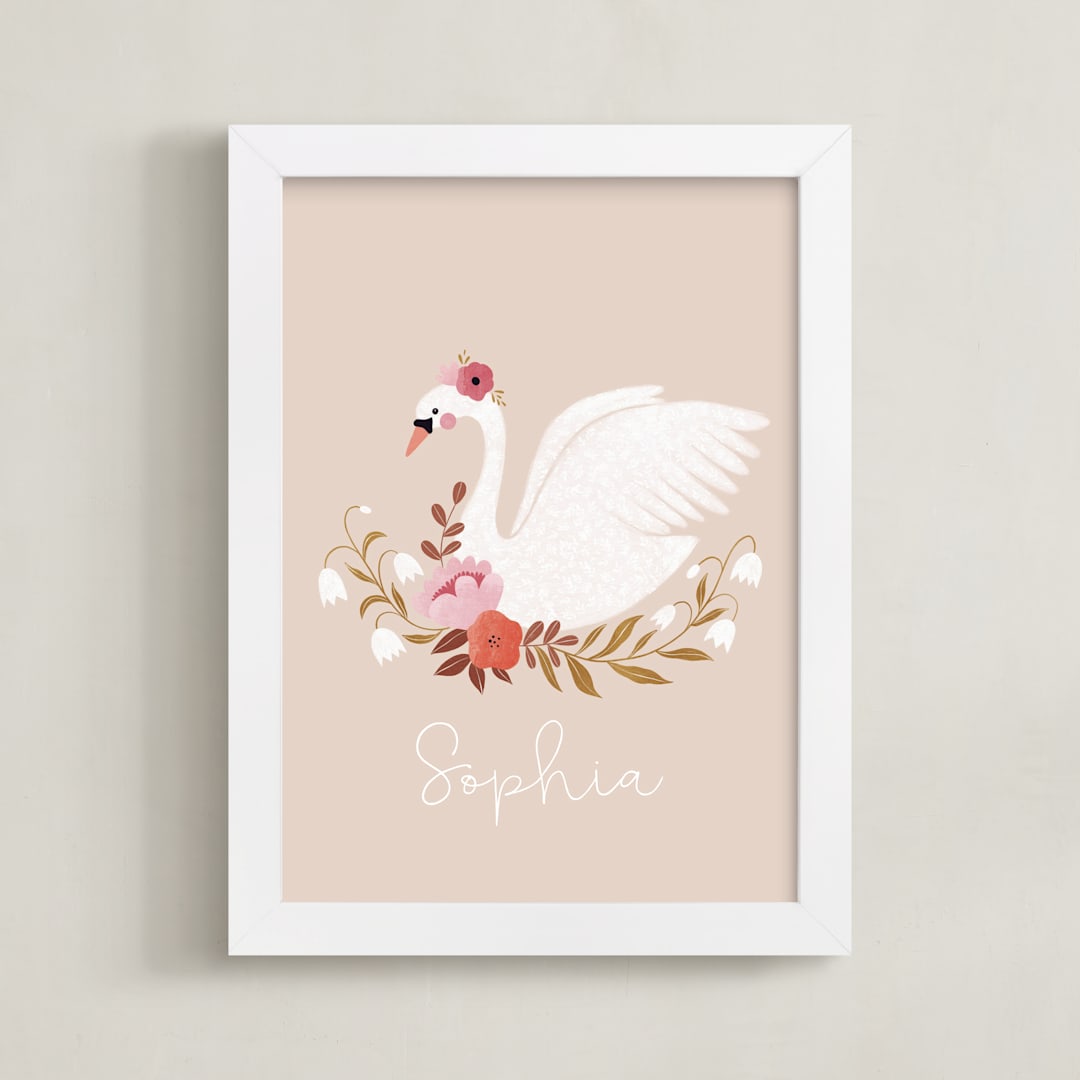 "Romantic swan" - Personalized Art Print in Blush by Tati Abaurre - Framed