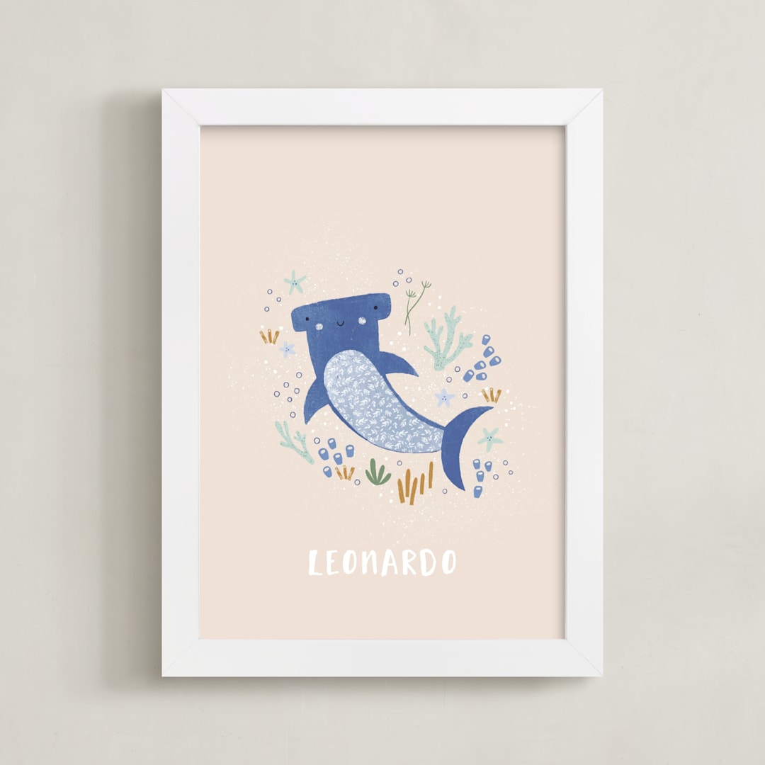 "Sharky cute" - Personalized Art Print in Blush by Tati Abaurre - Framed