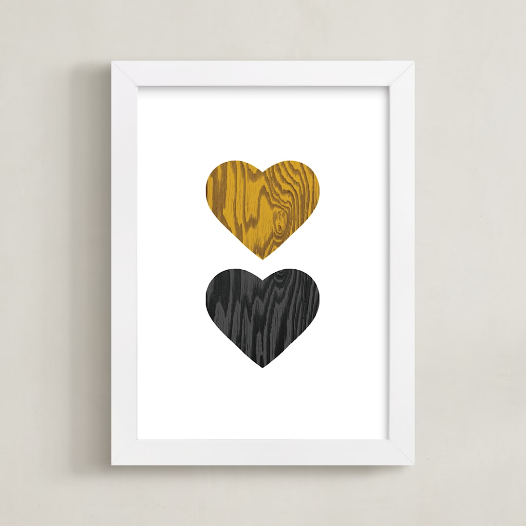 "Wood Grain Hearts" - Art Print in Amber by Max and Bunny - Framed