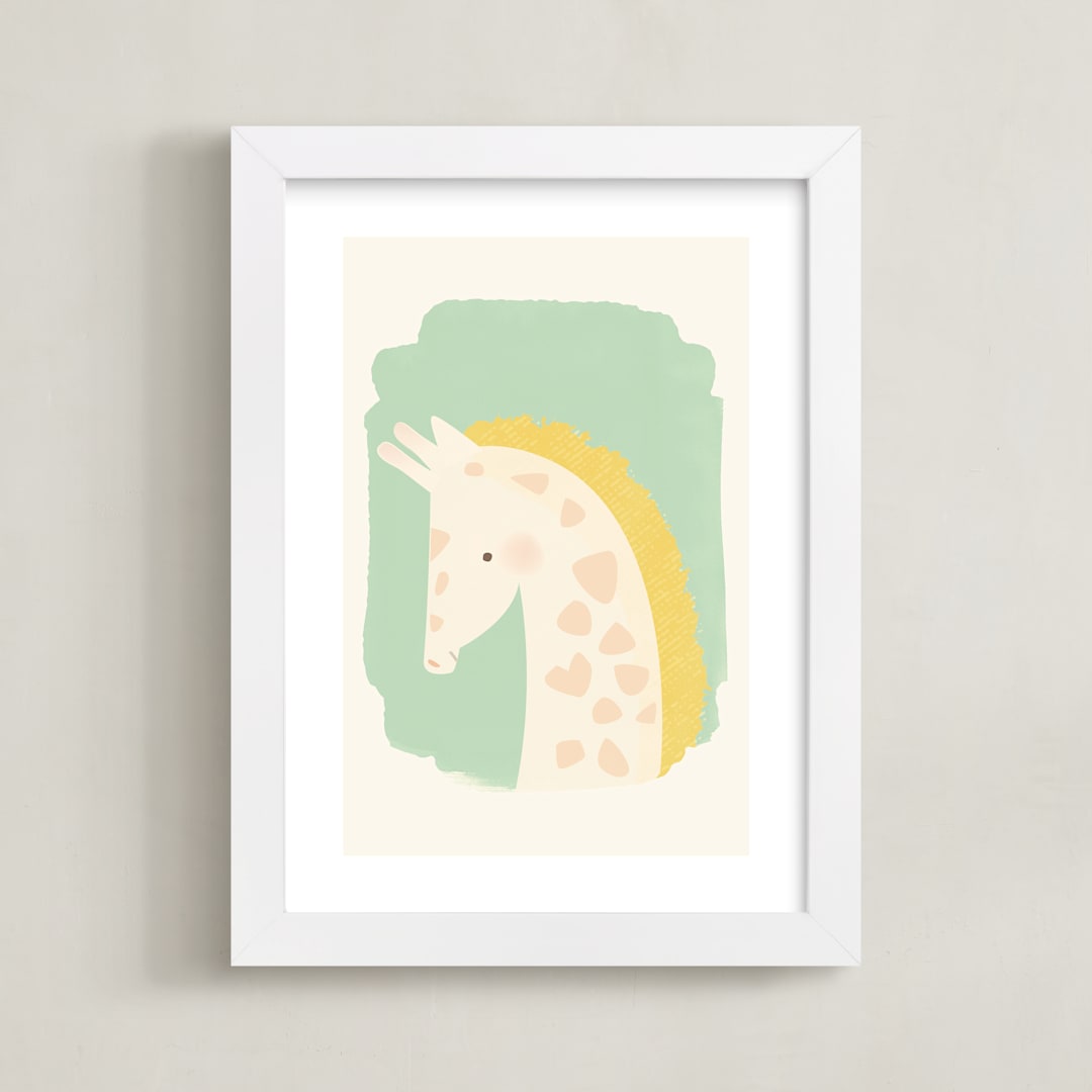 "Valentine Zoo Giraffe" - Art Print in Green by Lori Wemple - Framed