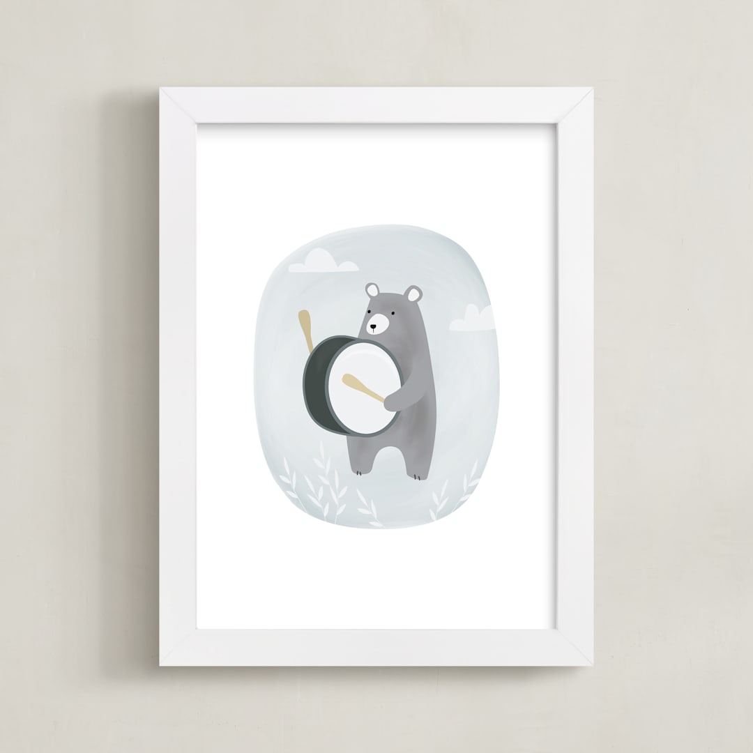 "drummer bear" - Art Print in sky by Faith Dorn - Framed