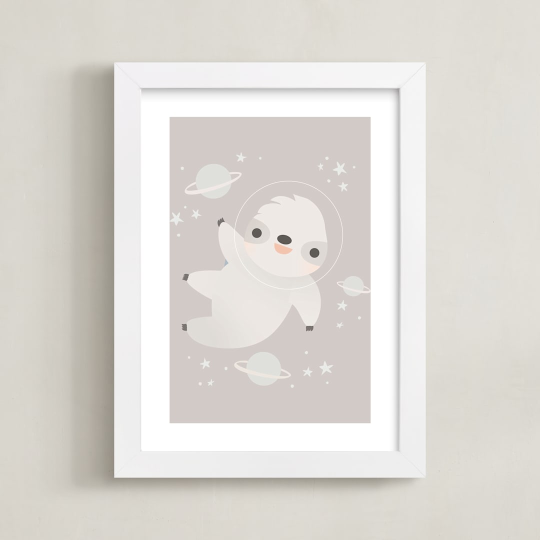 "Sloth in Space" - Art Print in gray by Lori Wemple - Framed