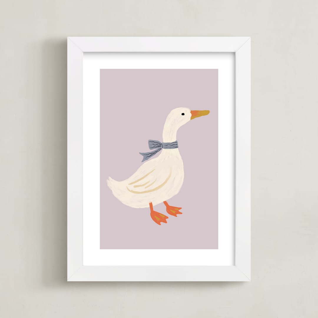 "Duck With Ribbon" - Art Print in Lilac by Cass Loh - Framed