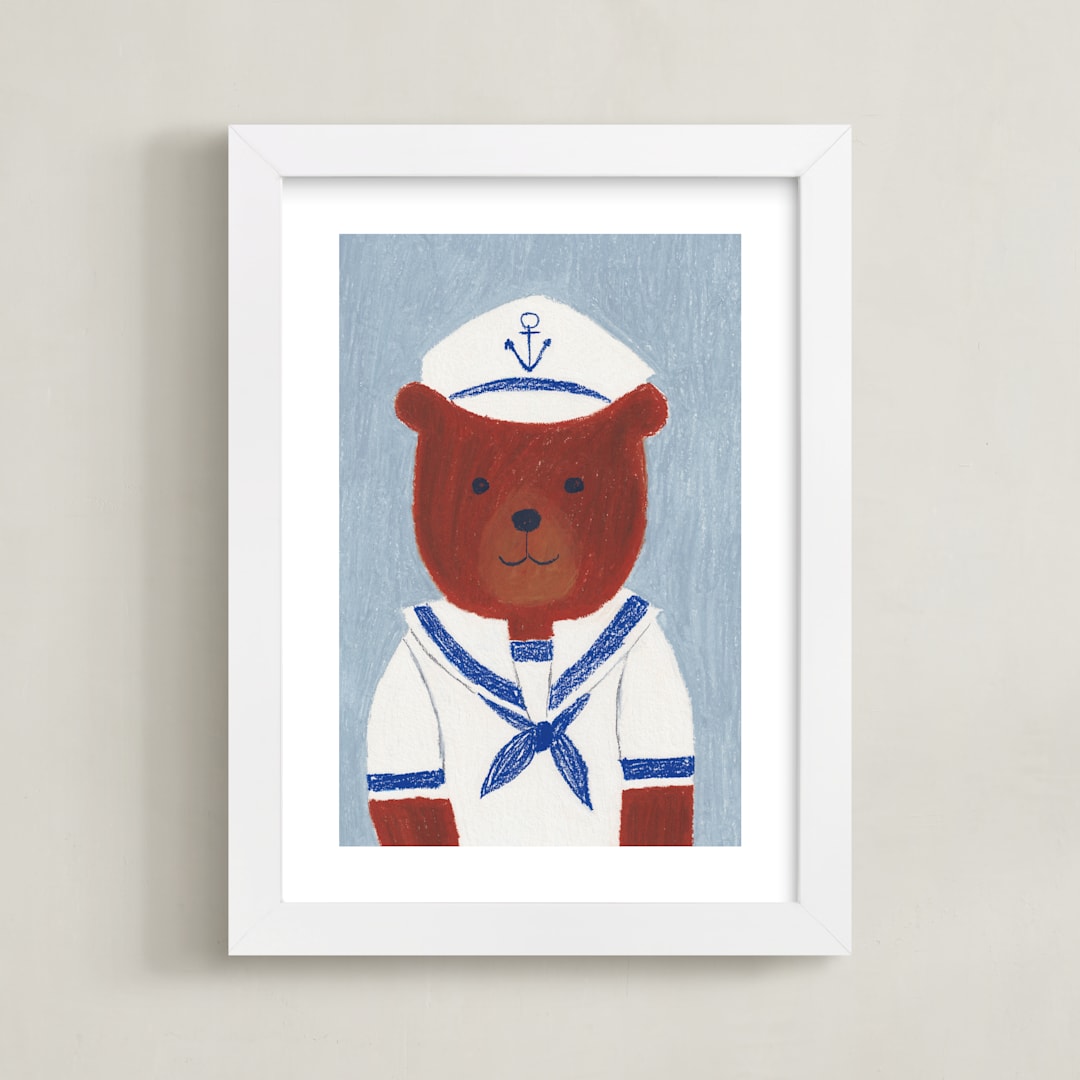 "Sailor Bear" - Art Print in Dusty Blue by Madhvi Samimi - Framed