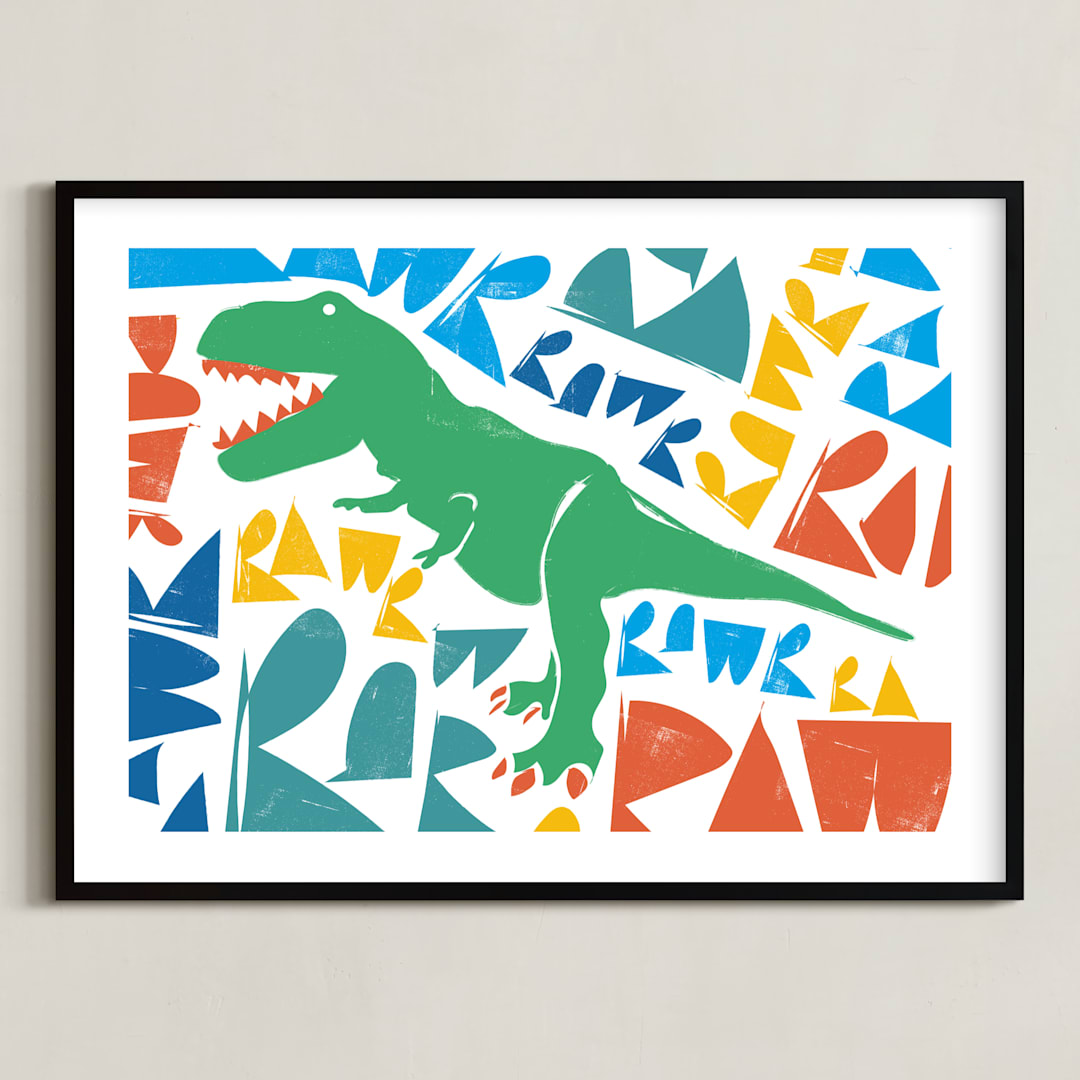 "TRex RAWR!" - Art Print in Aqua by Eleanor Mayrhofer - Framed