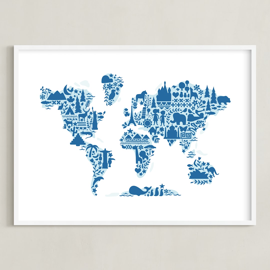 "Little Big World Map" - Art Print in Bluebell by Jessie Steury - Framed