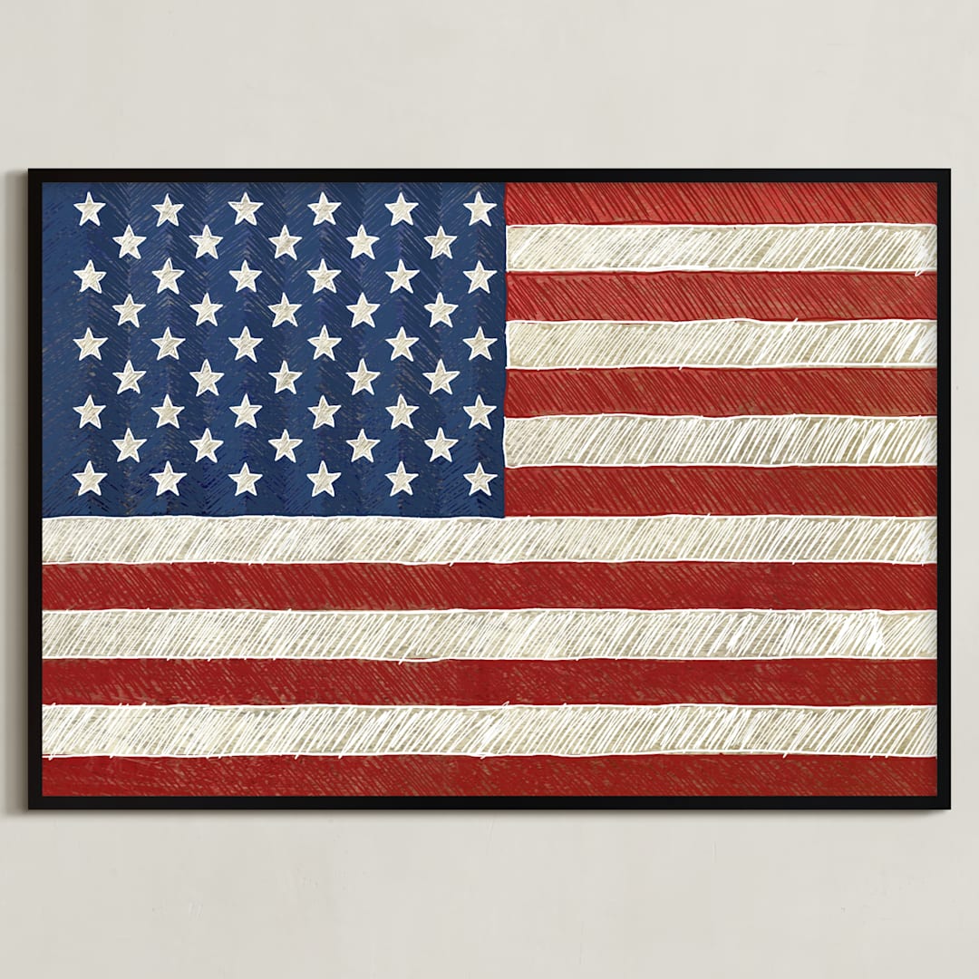 "Rustic American Flag" - Art Print in Navy Blue by Amy Marsh - Framed