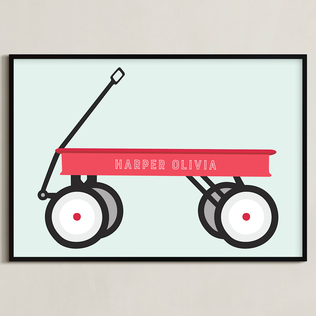 "Little Red Wagon" - Personalized Art Print in Mint by Alexandra Cohn - Framed