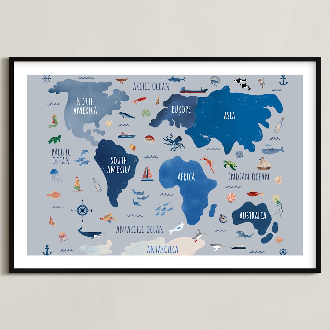 "Nautical Map" - Art Print in Soft Blue by Carrie Cantwell - Framed