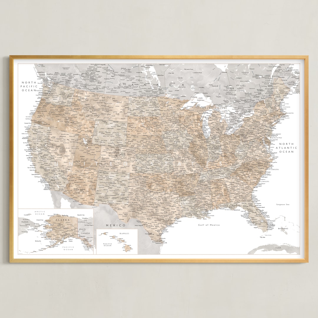 "Detailed map of the United States" - Art Print in Taupe and grey by Rosana Laiz Blursbyai - Framed