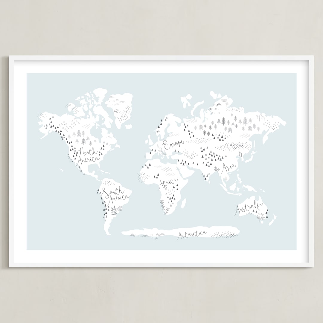 "Beautiful World Map" - Art Print in Soft Sky by Jessie Steury - Framed