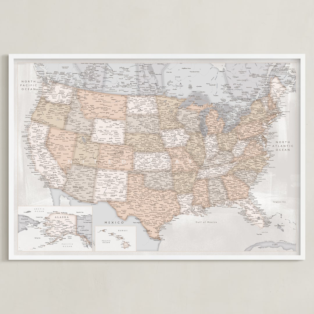 "Detailed map of the USA in rustic styles" - Art Print in Lucille browns by Rosana Laiz Blursbyai - Framed
