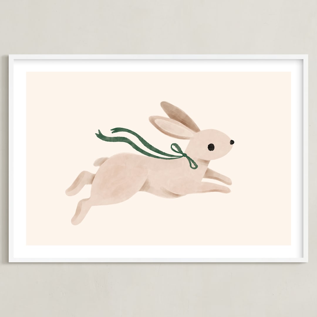 "Rabbit With Bow" - Art Print in Hunter Green by Vivian Yiwing - Framed