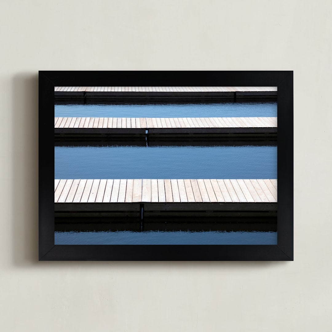 "Dockside Tranquility" - Art Print in Ocean Blue by Annie Seaton - Framed