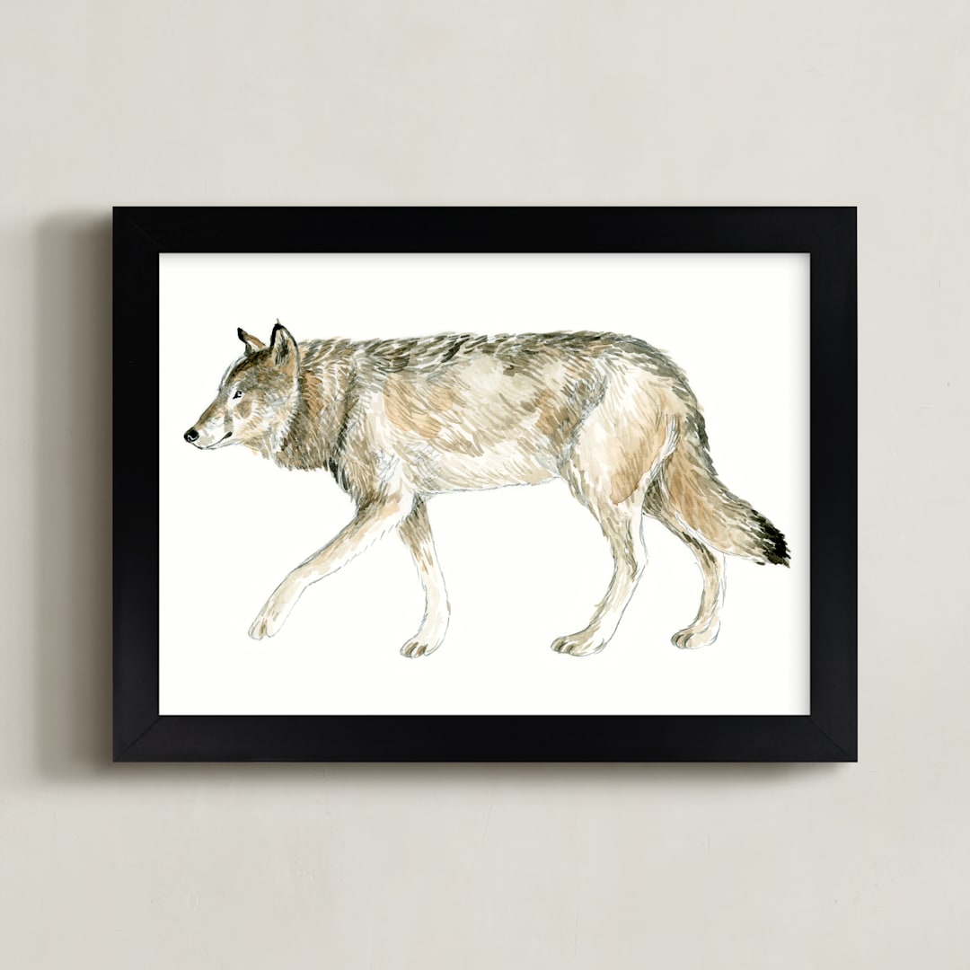 "Wolf Watercolour Study" - Art Print in Olive Taupe by Eve Schultz - Framed