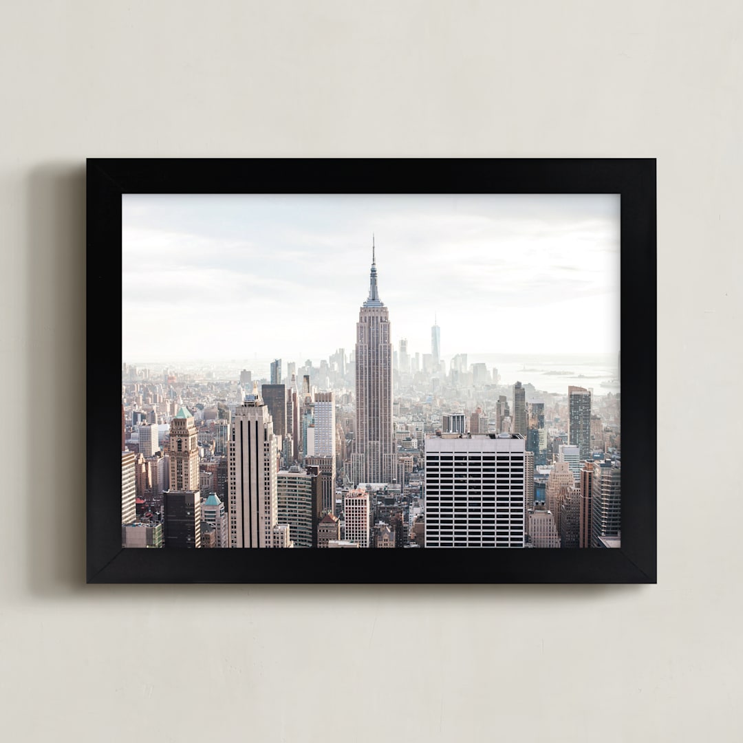 "But First, NYC" - Art Print in pastel blue and brown by Natalie Uprichard - Framed
