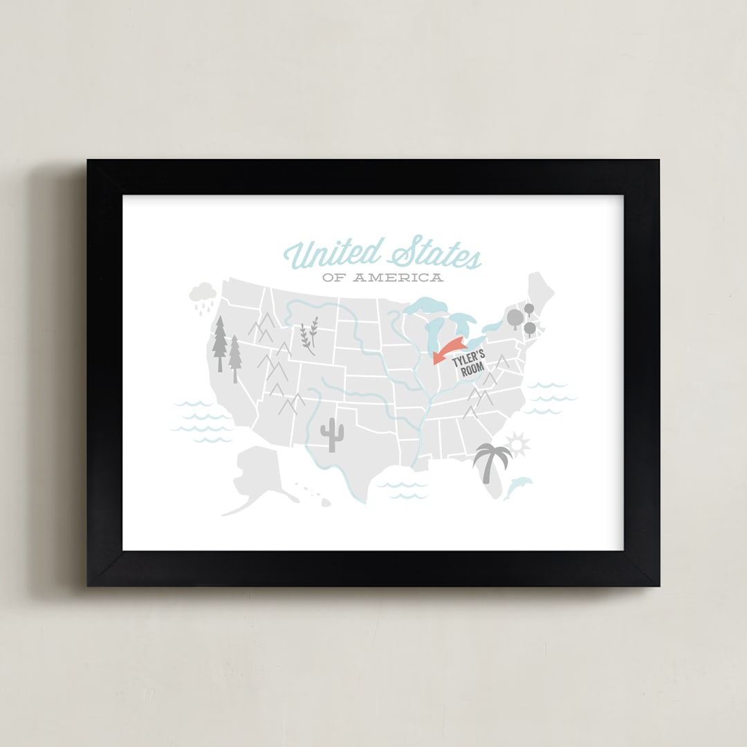 "You Are Here American Map" - Personalized Art Print in Coastal Grey by Jessie Steury - Framed