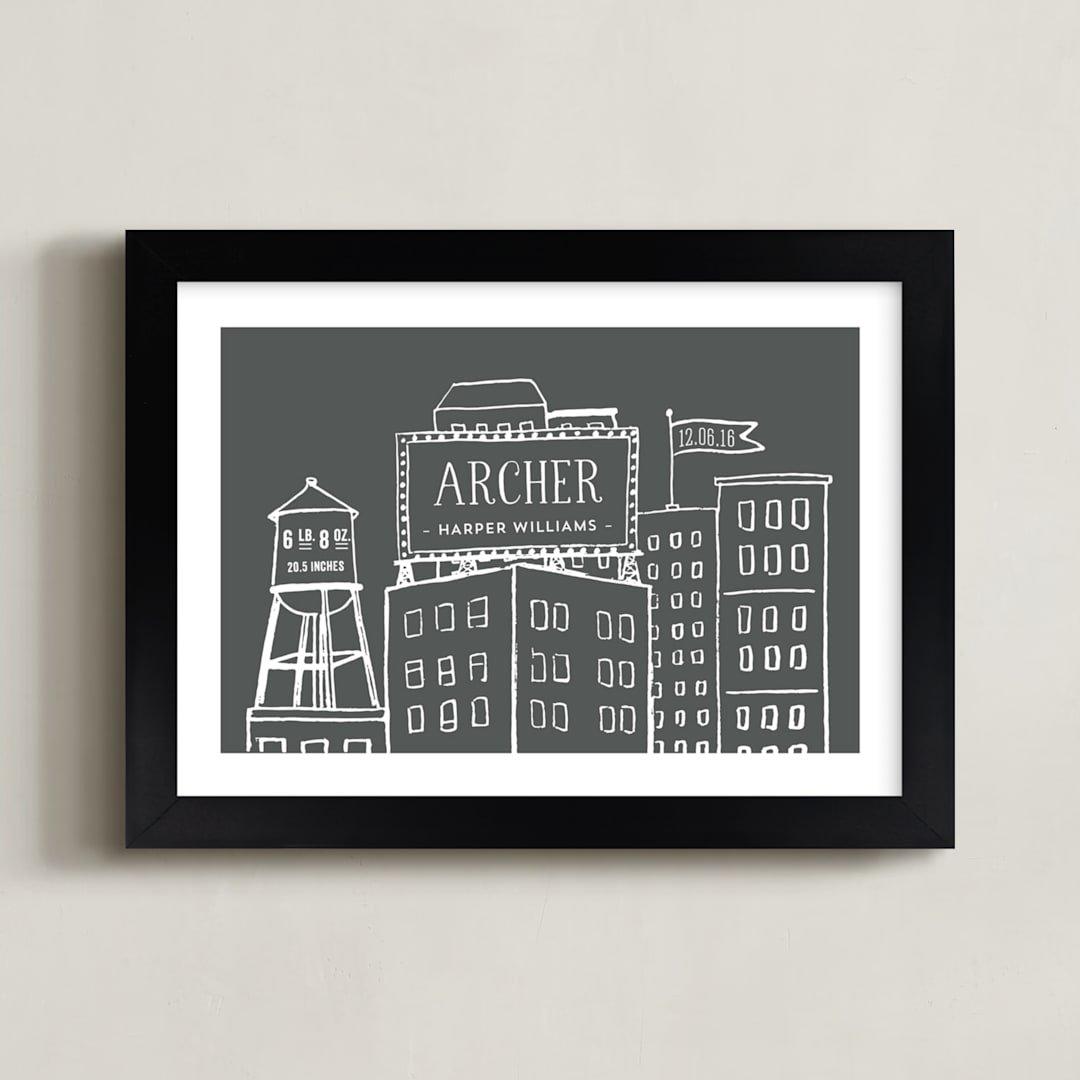 "Cityscape Stats" - Personalized Art Print in Chalkboard Grey by Tanya Lee of Frooted Design - Framed
