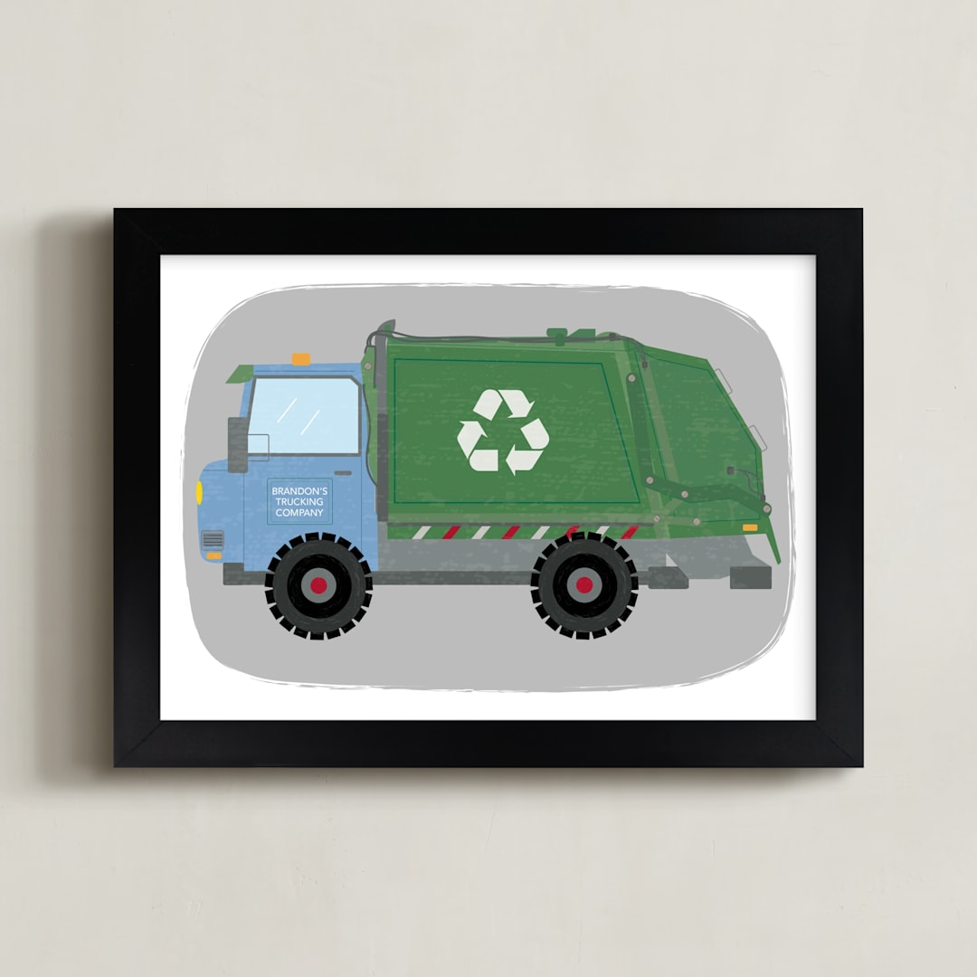 "The Garbage Recycle Truck" - Personalized Art Print in Moss by Rebecca Marchese - Framed